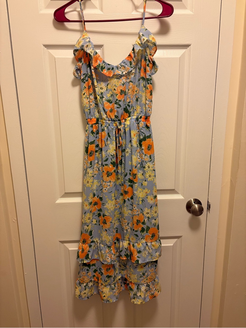 Sienna Sky Light Blue Floral Ruffle Sundress with Orange Blooms